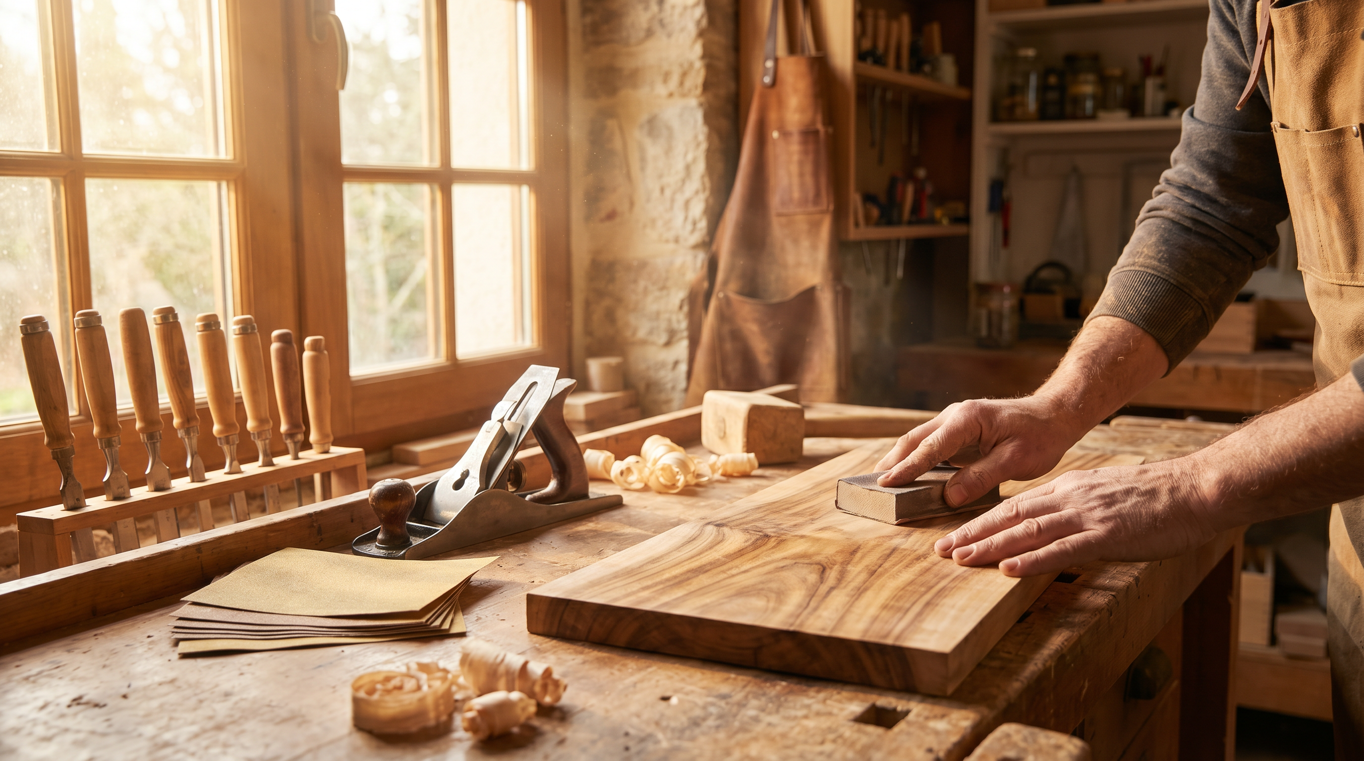 Beginner woodworker sanding an acacia board in a sunlit handcrafted workshop