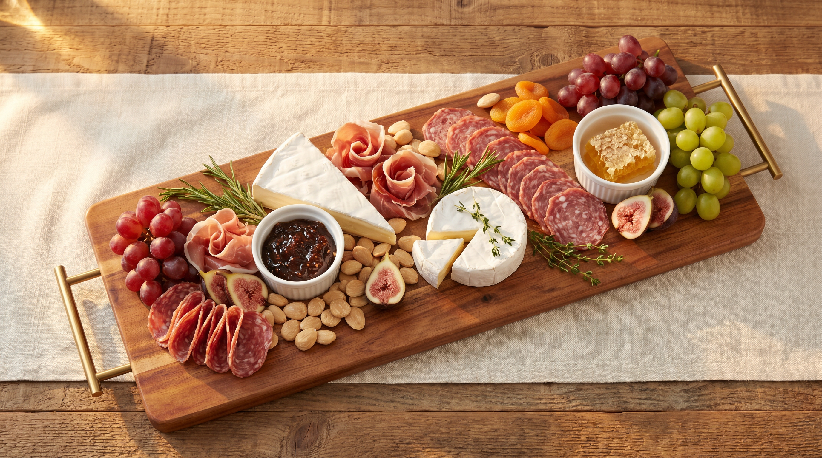 Magazine-styled charcuterie board on a long acacia wood serving board with brass handles, featuring brie, camembert, prosciutto rosettes, salami, fresh figs, grapes, honeycomb, and rosemary