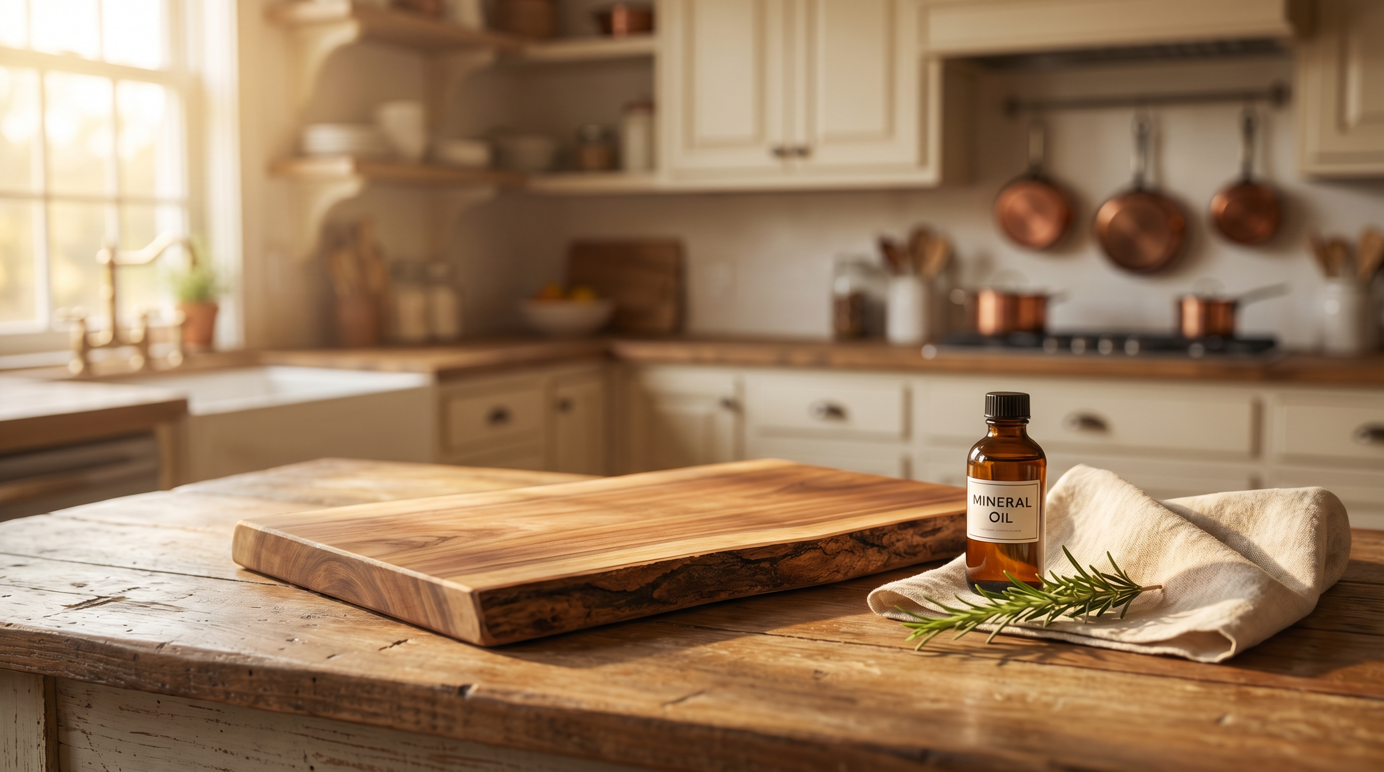 Handcrafted acacia wood cutting board with a bottle of food-grade mineral oil on a farmhouse kitchen counter in warm natural light