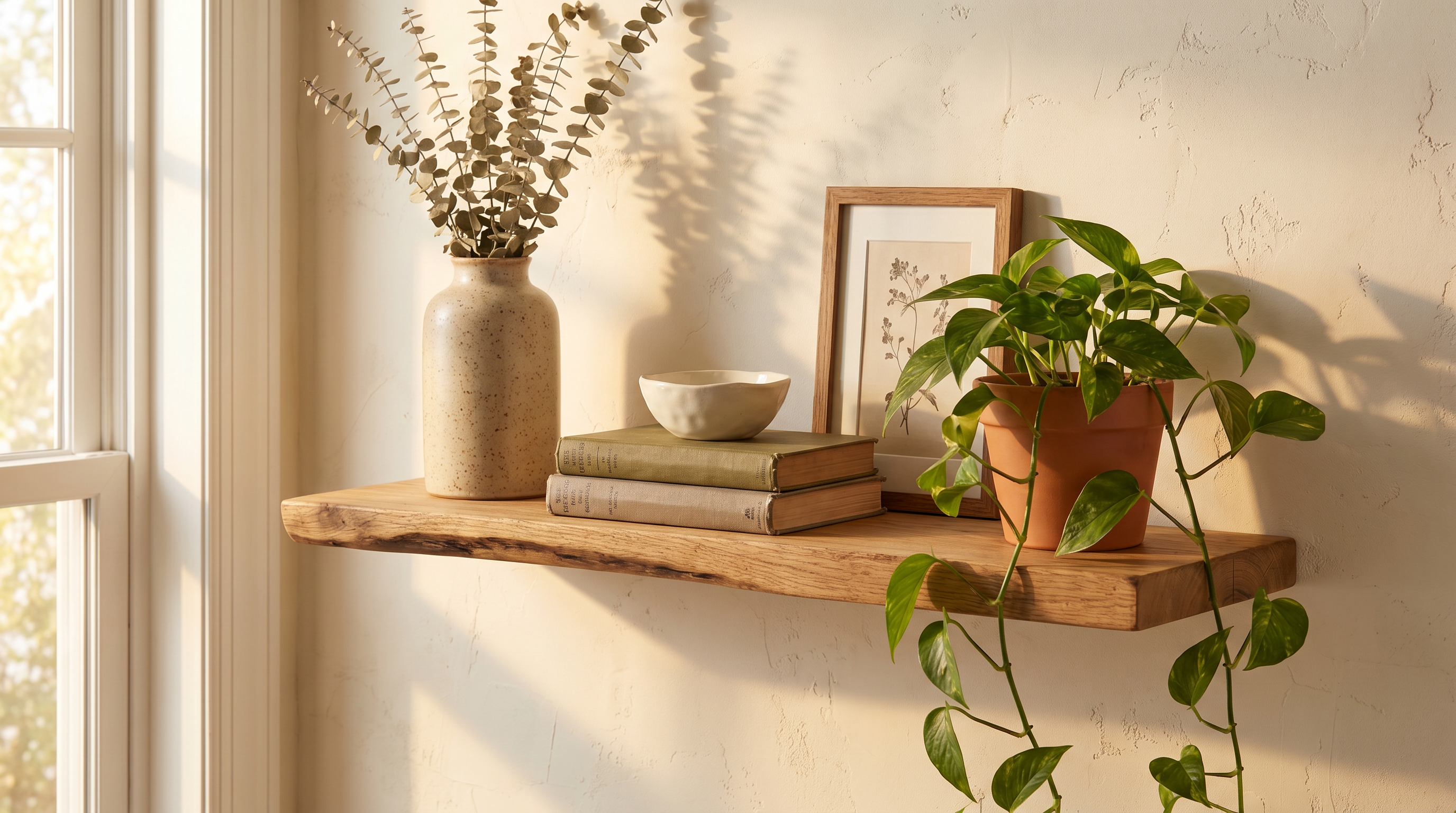 Beautifully styled handcrafted wooden floating shelf with vase, books, ceramic bowl, and trailing plant in warm natural light