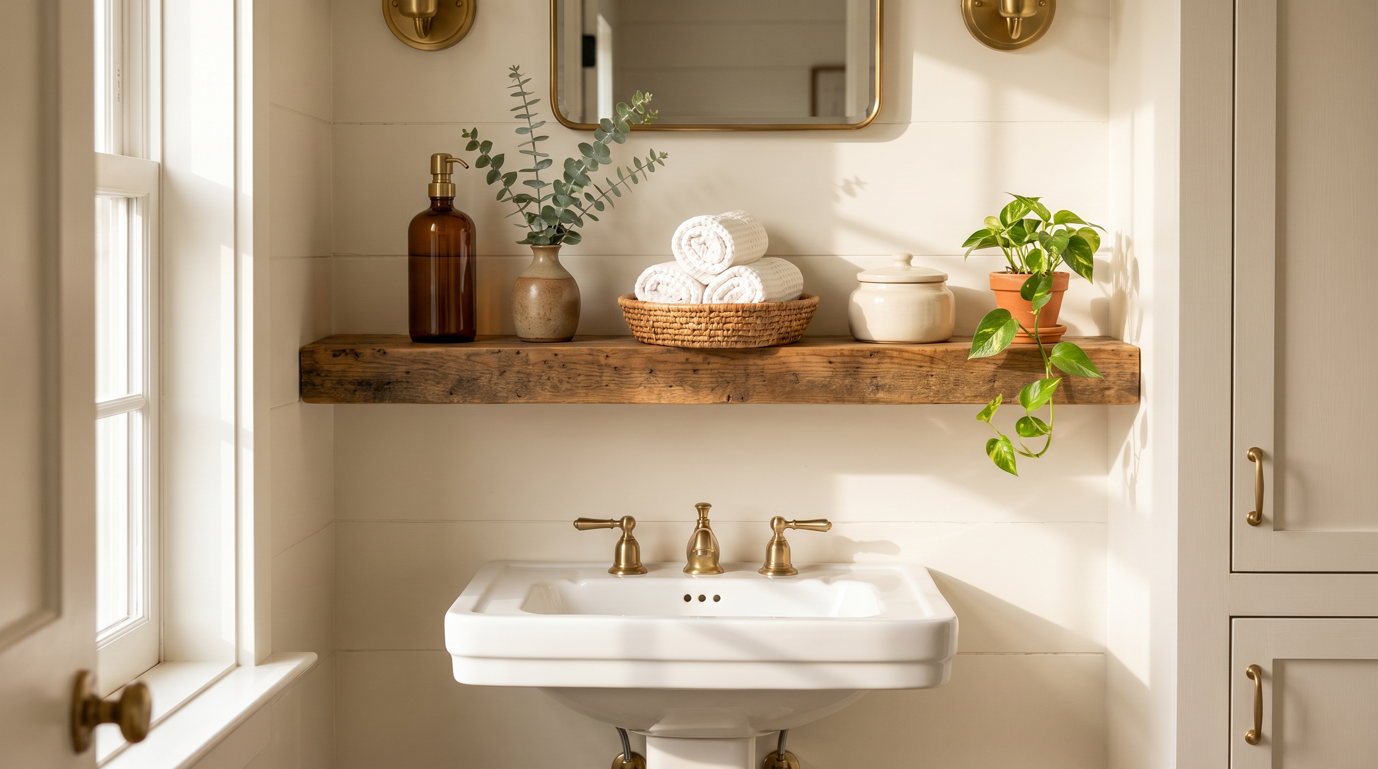 Styled handcrafted wooden bathroom shelf above a pedestal sink with eucalyptus, rolled towels, and a pothos plant